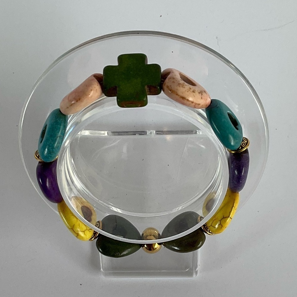 Hand Crafted Bracelet Cross Hearts Stretch Medium Green Purple Pink Kids Adult